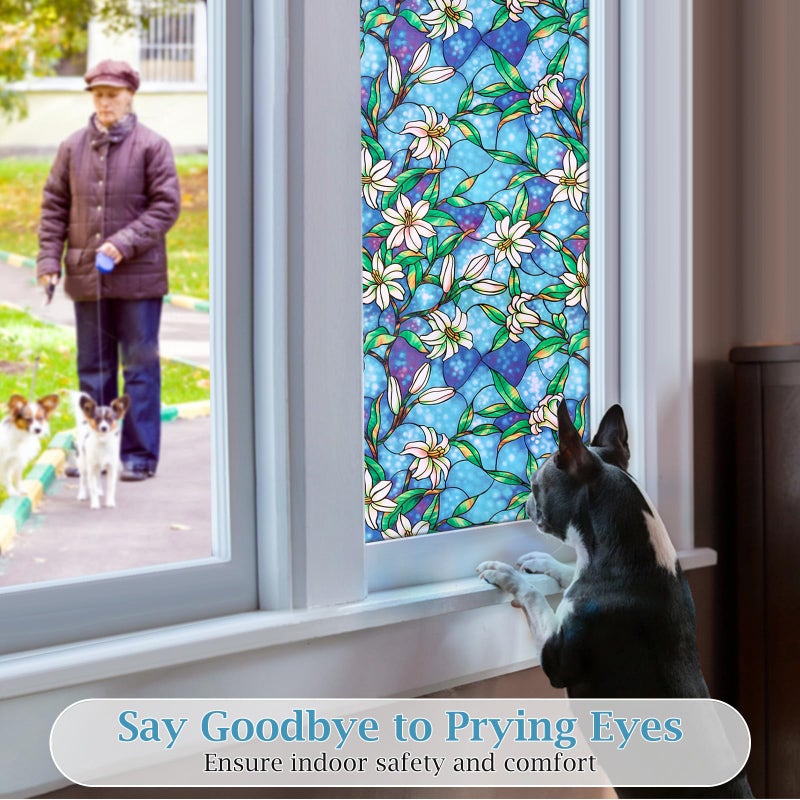 Coavas Decorative Window Privacy Film, Heat Control Sun Blocking Stained Glass Window Film, Floral Design Static Cling, Non Adhesive Windows Tint for Bathroom Front Door (Vinyl, 23.6" x 157.4 ") - Image 2